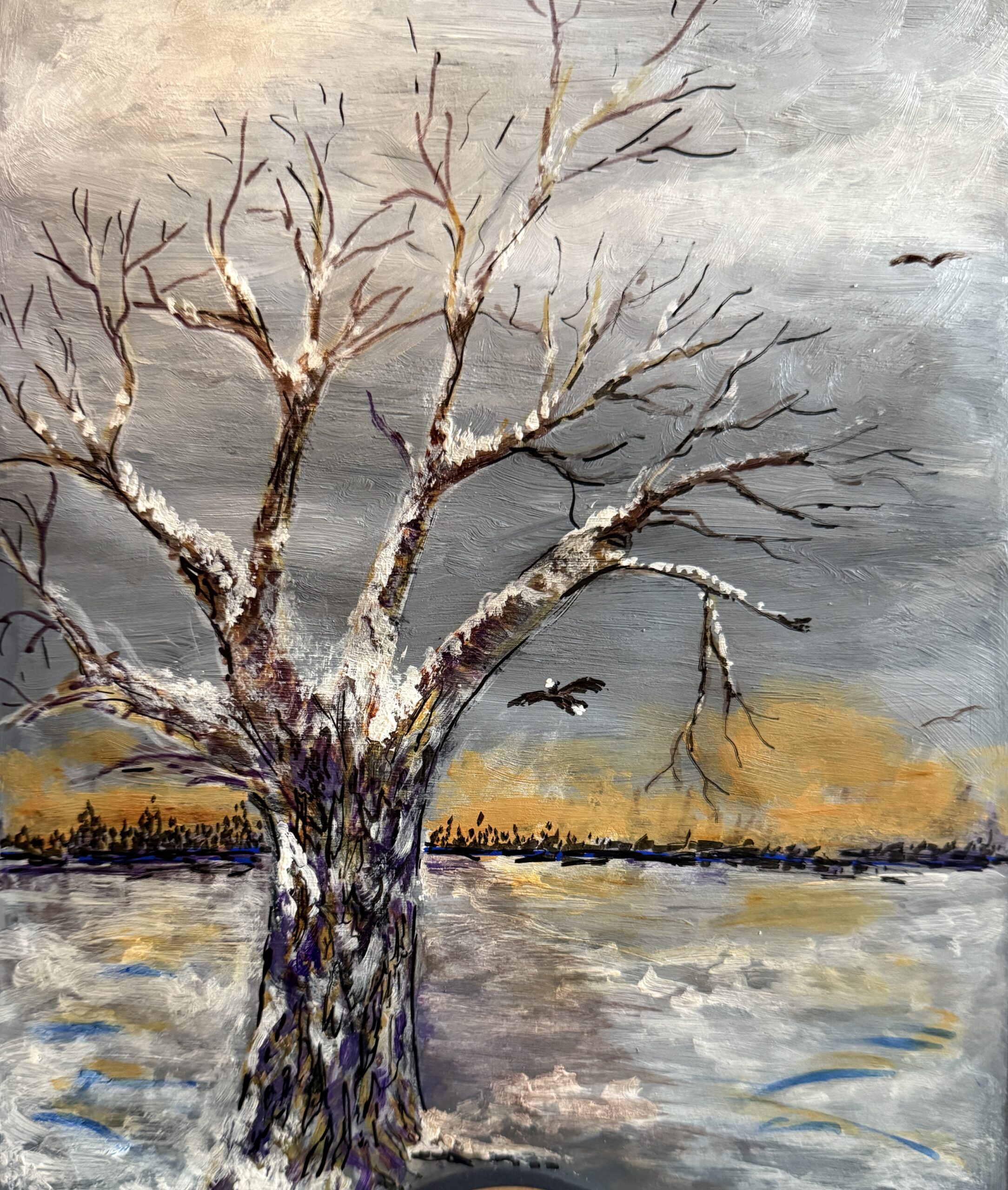 Painting of eagle flying over trees