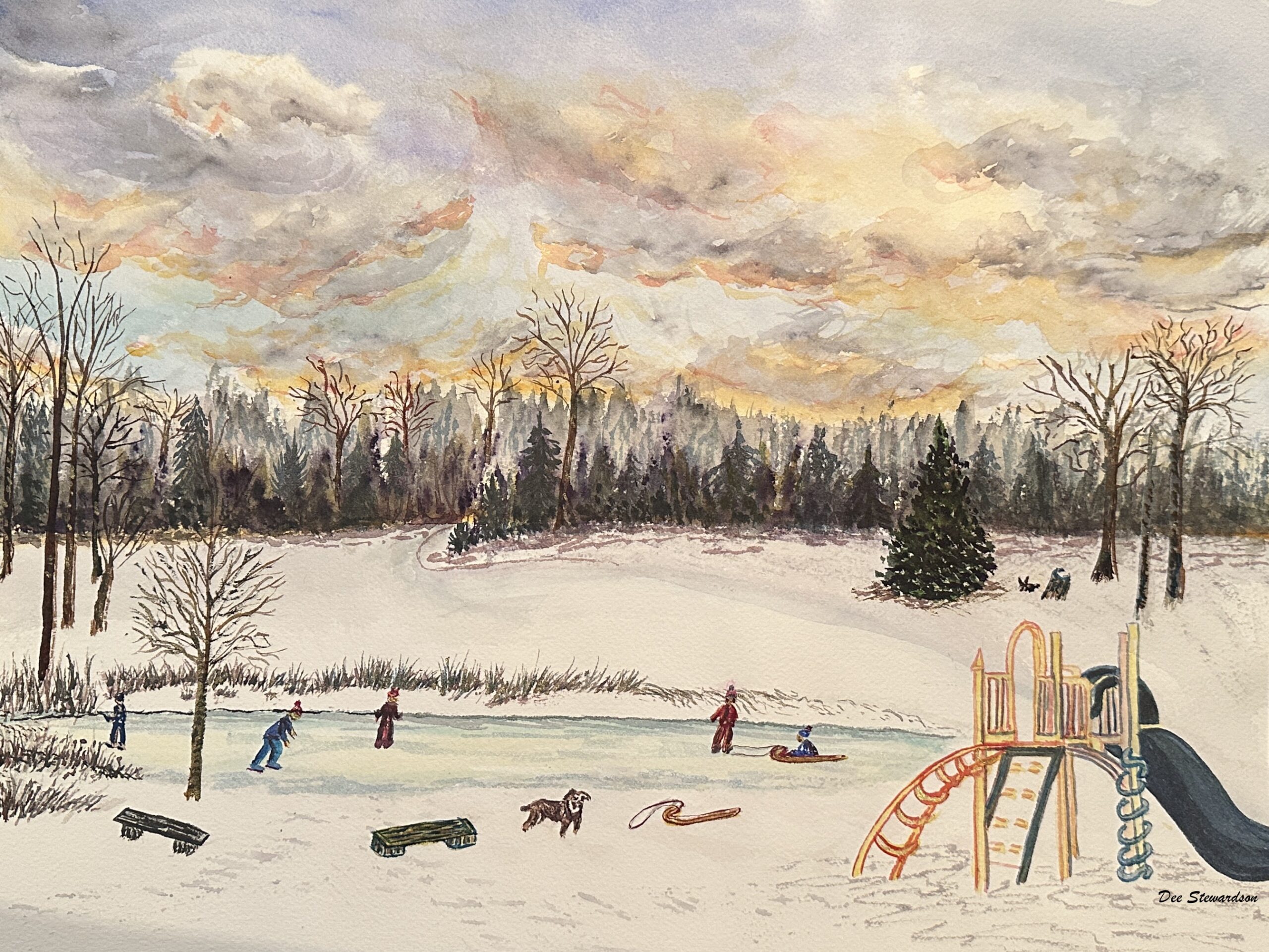 Winter Scene from children's book cover by Pat Sayers - Adventure Park.