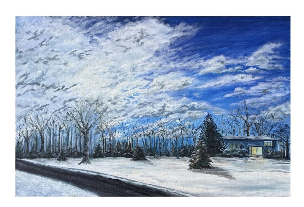 Acrylic painting of a quiet street with many trees and one house. Moon glowing overhead. 